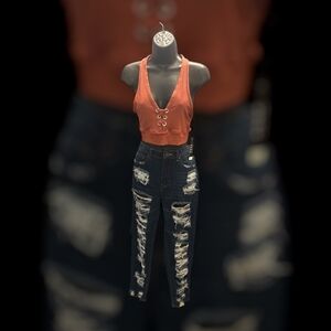 GOGO Rust Lace-Up Crop Top with Dark Distressed Skinny Jeans